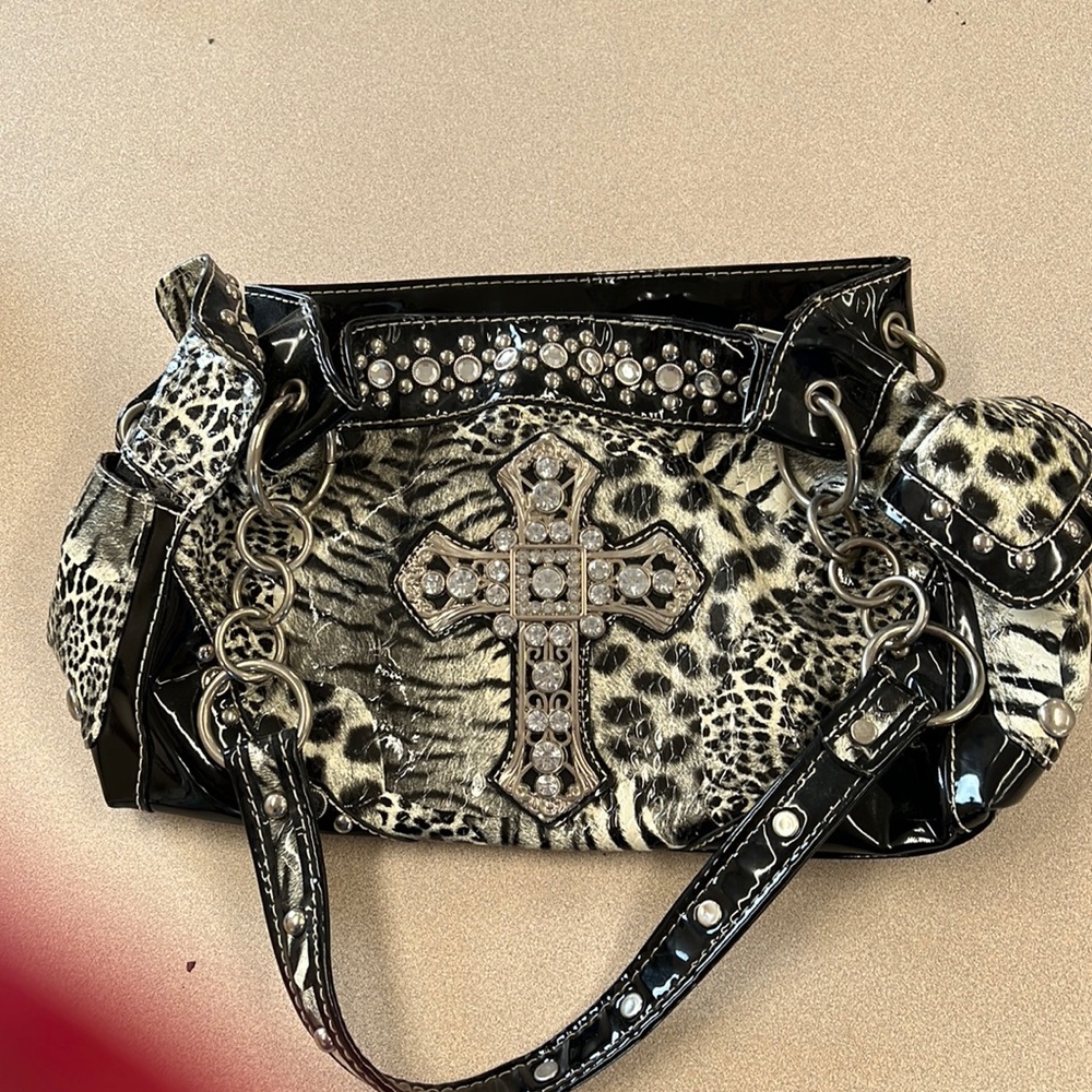 Black Leopard Print with Rhinestone Cross.